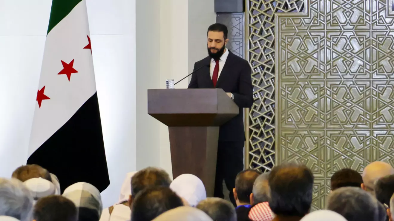Syria's interim President Ahmed al-Sharaa speaks during a national dialogue, a key milestone in the transition to a new political system after decades of Assad rule, in Damascus, Syria February 25, 2025. Reuters/Khalil Ashawi 