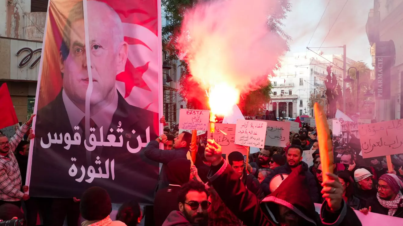 Activists and political opponents protest against Tunisian President Kais Saied and calling for an end to one-man rule and the restoration of democracy, in Tunis, Tunisia January 10, 2026. Reuters/Jihed Abidellaoui