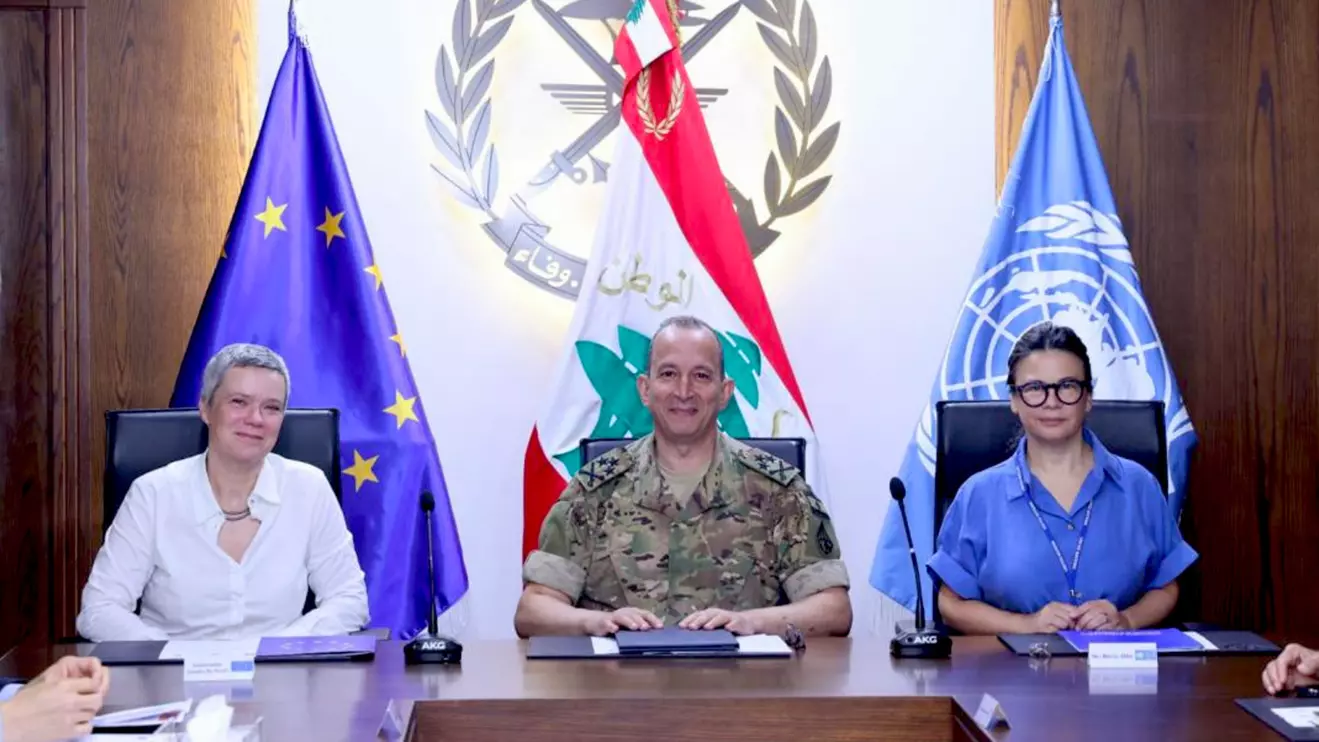 EU Ambassador to Lebanon Sandra De Waele (L),  LAF Commander General Rodolph Haykal and  UNDP Resident Representative in Lebanon Ms. Blerta Aliko © LAF