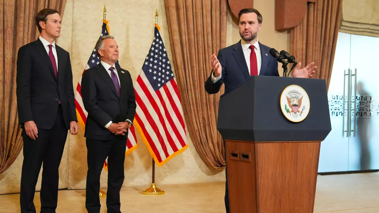 U.S. Vice President JD Vance speaks during a news conference after meeting with representatives from Pakistan and Iran as Jared Kushner and Steve Witkoff, Special Envoy for Peace Missions, listen, on Sunday, April 12, 2026, in Islamabad, Pakistan. Jacquelyn Martin/Reuters