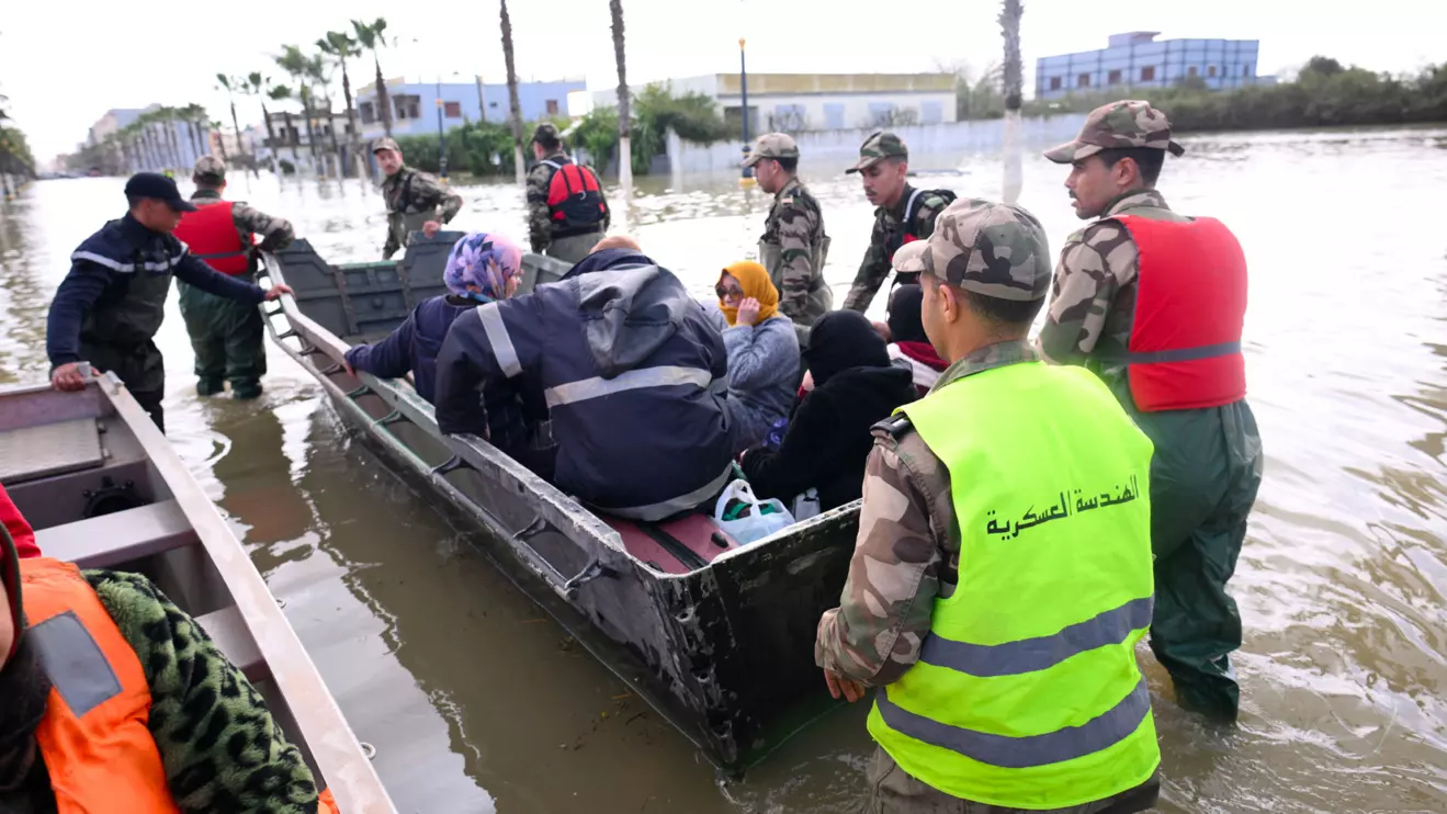 Royal Armed Forces and civil authorities work together to address flooding risks amid rising waters in the Loukkos River, in Ksar El Kebir, Morocco February 2, 2026. Moroccan authorities
