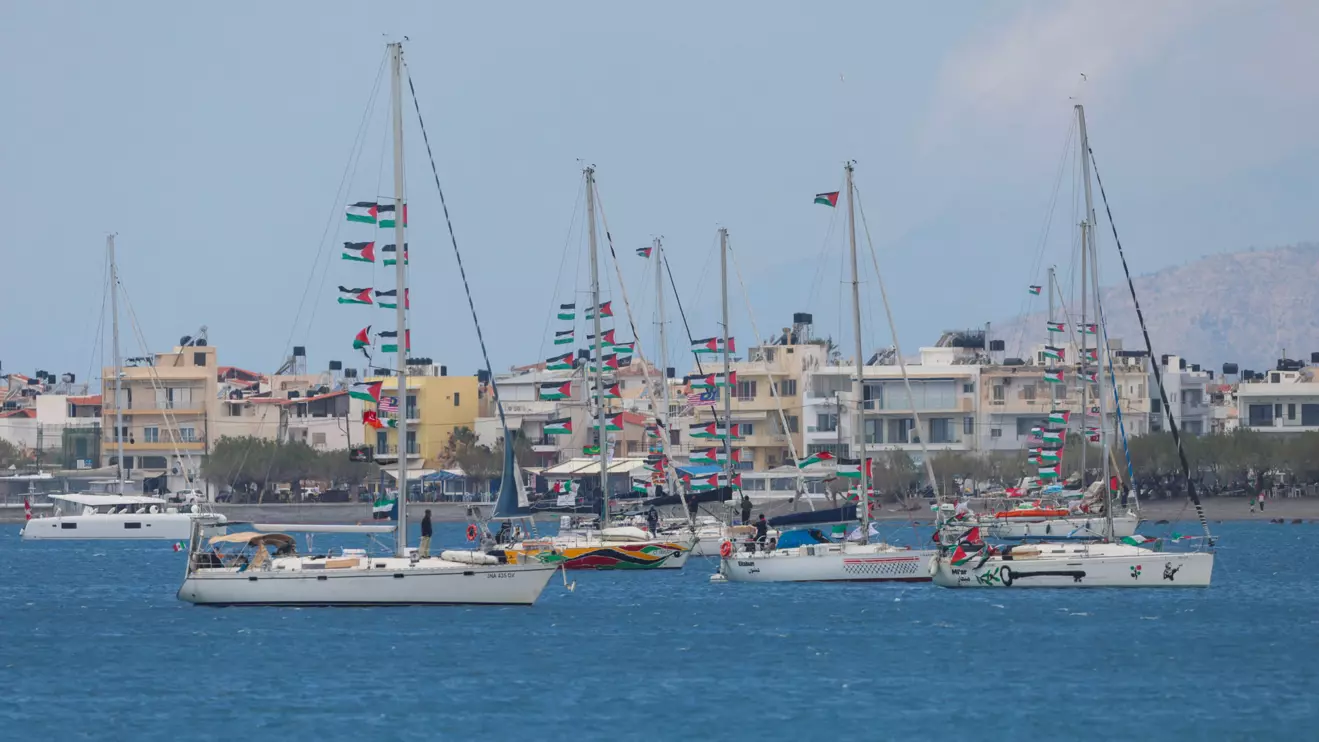 Vessels of the Global Sumud Flotilla, which was intercepted on international waters by the Israeli Navy, sail off the city of Ierapetra, on the island of Crete, Greece, May 1, 2026. Reuters/Stefanos Rapanis