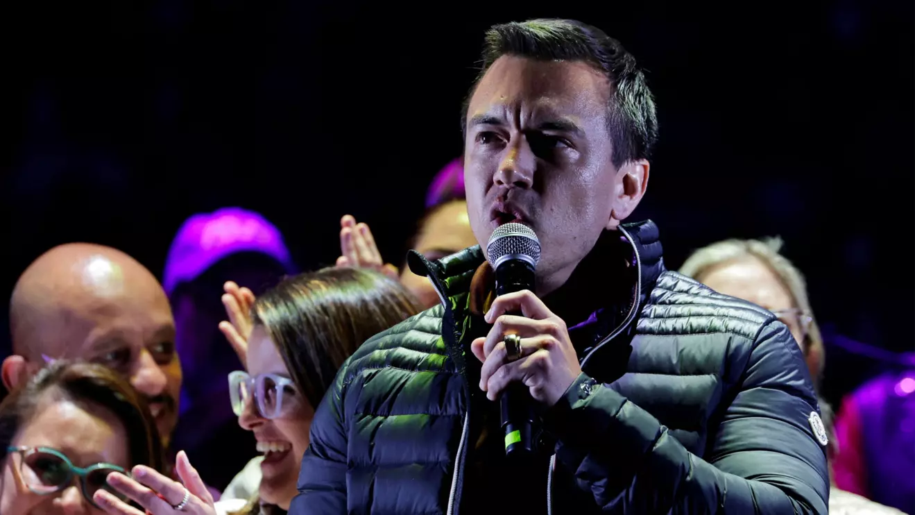 Ecuador's President and presidential candidate for reelection Daniel Noboa addresses supporters during his closing campaign event for the upcoming Sunday presidential election, in Quito, Ecuador February 6, 2025. ReutersKaren Toro