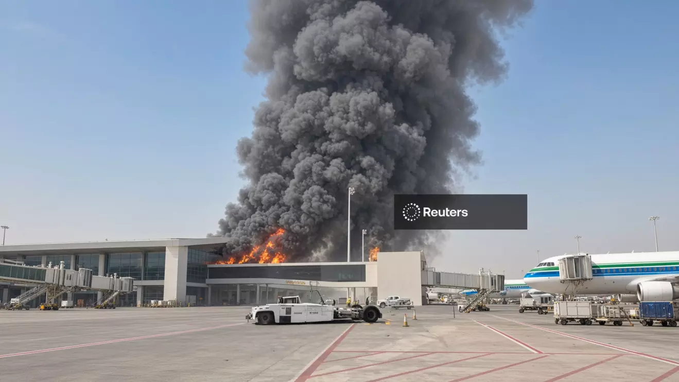 Smoke and flames rise from King Khalid Airport, after Yemen’s Iran-backed Houthis said they attacked the airport, in Riyadh, Saudi Arabia, October 8, 2026, in this screengrab obtained from a social media video. Social Media