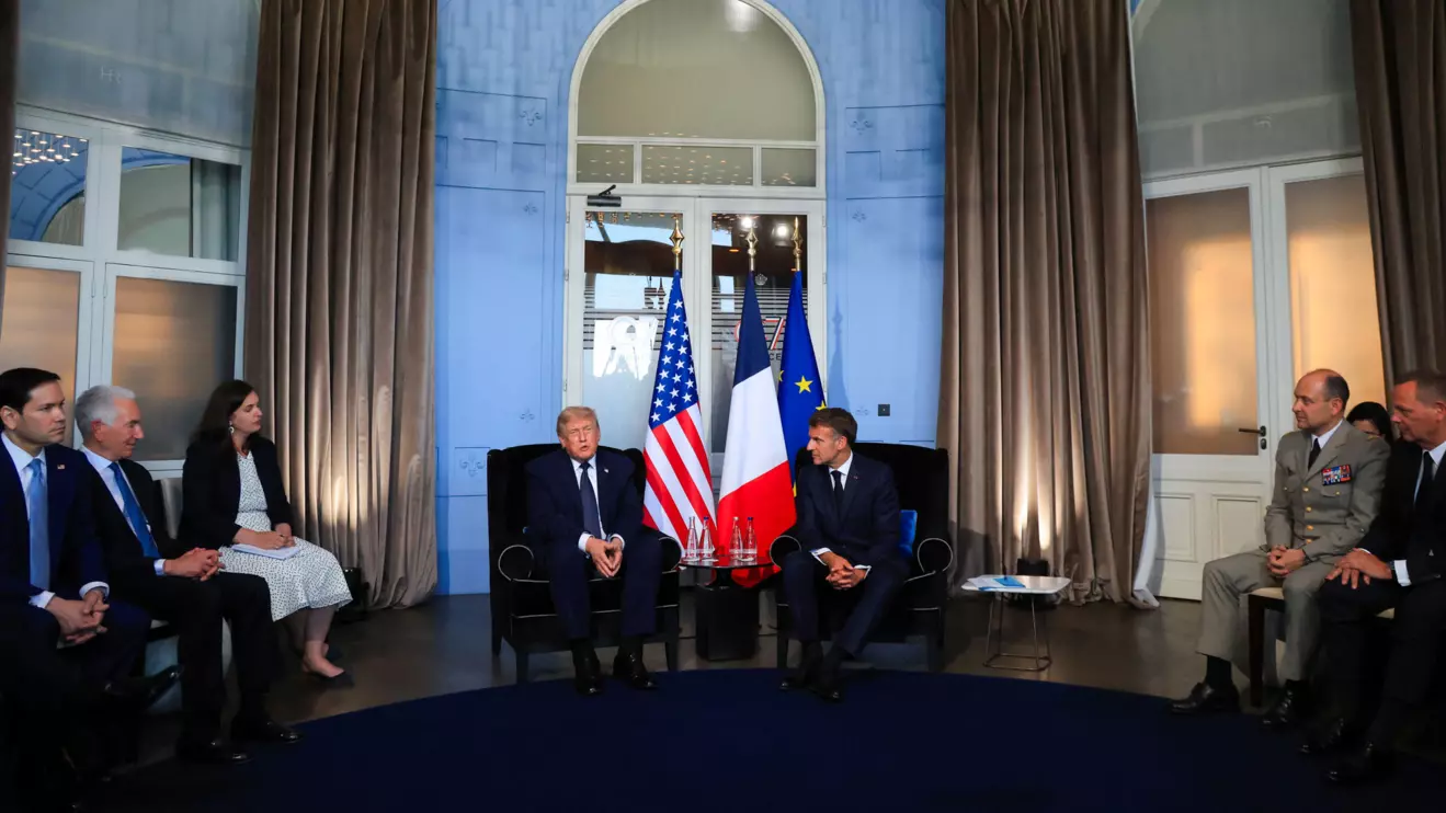 US President Donald Trump attends a bilateral meeting with France's President Emmanuel Macron, US Secretary of State Marco Rubio, US ambassador to France Charles Kushner and General Vincent Giraud on the sidelines of the G7 summit, in Evian, France on June 15, 2026. Reuters 