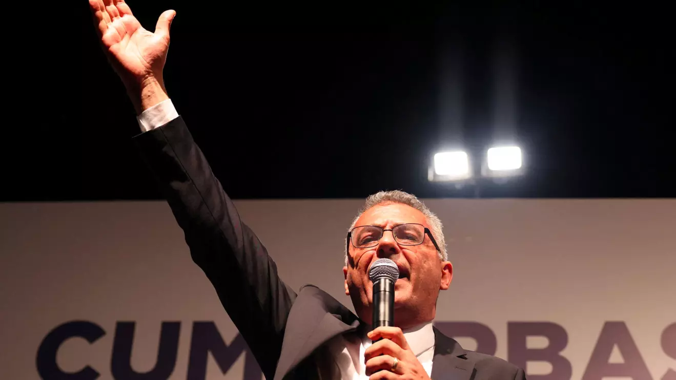 New Turkish Cypriot leader Tufan Erhurman celebrates winning the Turkish Cypriot elections in the divided capital Nicosia, Cyprus, in the Turkish Cypriot breakaway state, October 19, 2025. Reuters/Yiannis Kourtoglou