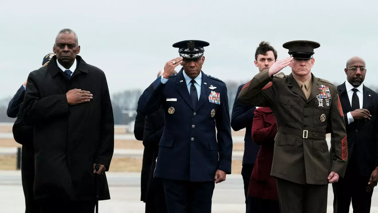 Secretary of Defense Lloyd J. Austin, Gen. Charles "CQ" Brown and Sergeant Major Troy E. Black attend the dignified transfer of the remains of Army Reserve Sergeants William Rivers, Kennedy Sanders and Breonna Moffett, three U.S. service members who were killed in Jordan during a drone attack carried out by Iran-backed militants, at Dover Air Force Base in Dover, Delaware, U.S., February 2, 2024. Reuters/Michael A. McCoy
