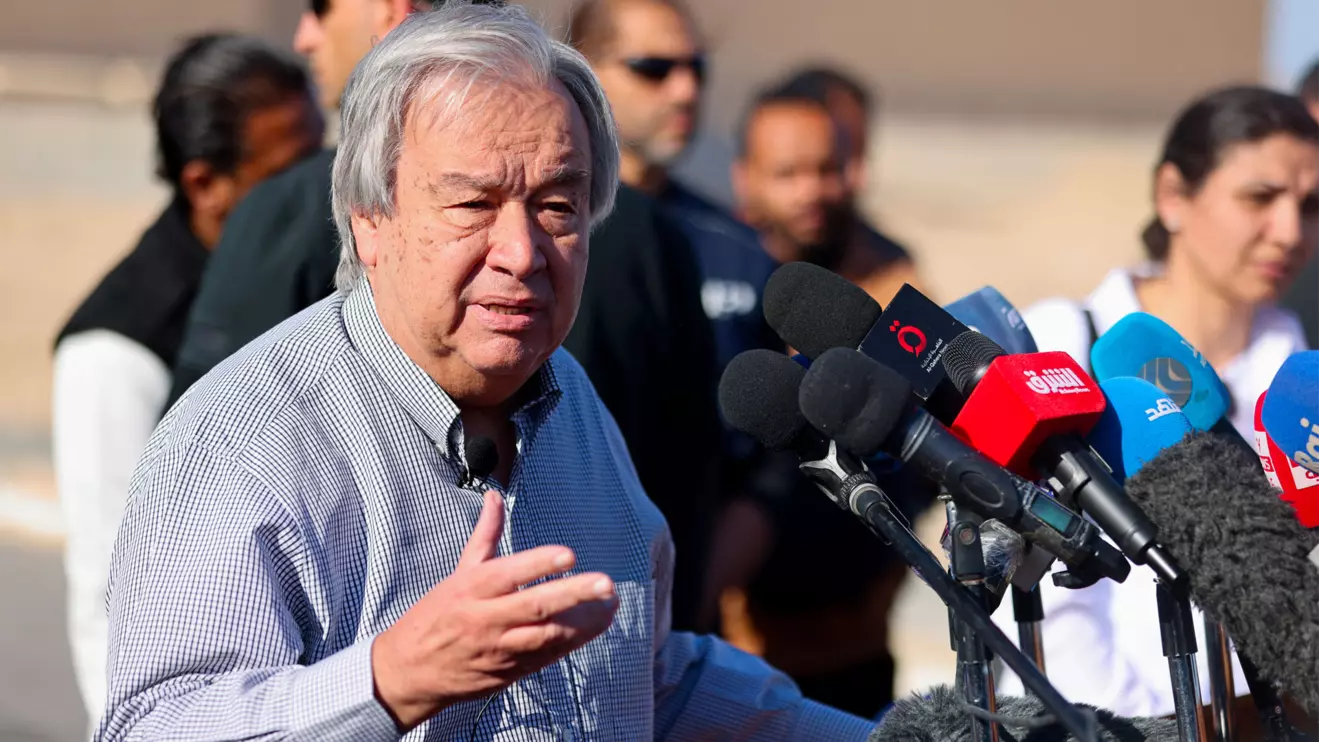 United Nations Secretary-General Antonio Guterres speaks to the media, after visiting the Rafah border crossing between Egypt and the Gaza Strip, as Egyptian Red Crescent members coordinate aid for Gaza, at Al Arish Airport, March 23, 2024. Reuters/Mohamed Abd El Ghany