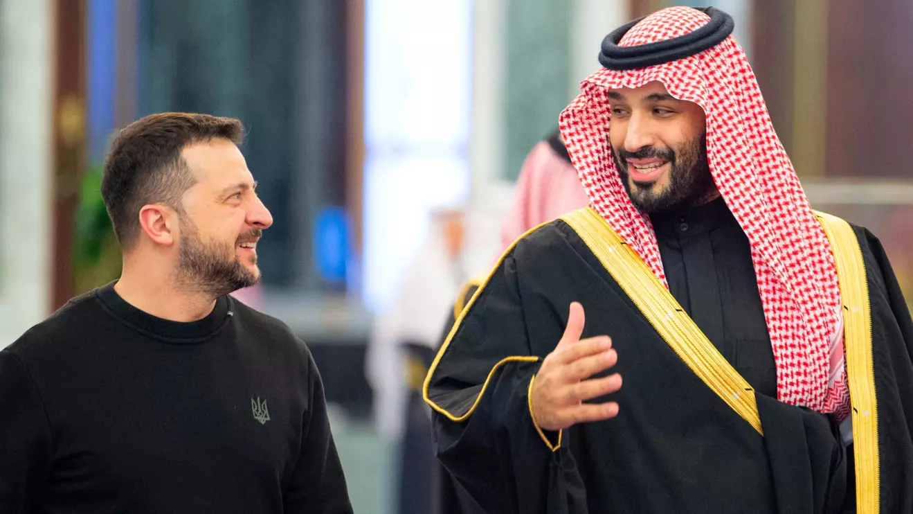 Ukrainian President Volodymyr Zelenskiy meets Saudi Crown Prince, Mohammed bin Salman in Riyadh, February 27, 2024. Bandar Algaloud/Courtesy of Saudi Royal Court
