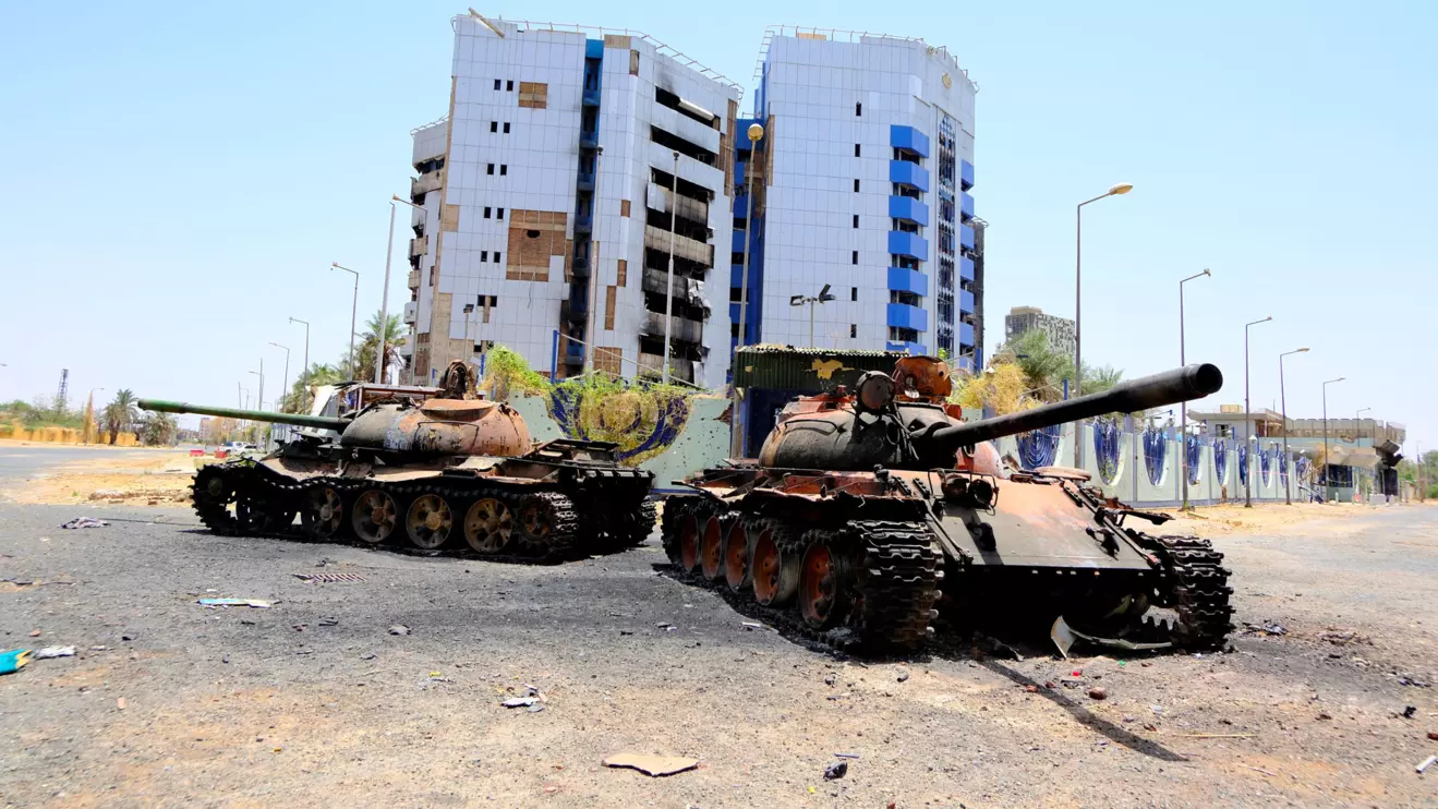 A view of damaged tanks in front of the Central Bank of Sudan building, after the Sudanese army deepened its control over Khartoum from the Rapid Support Forces (RSF), in Khartoum, Sudan April 27, 2025. Reuters/El Tayeb Siddig