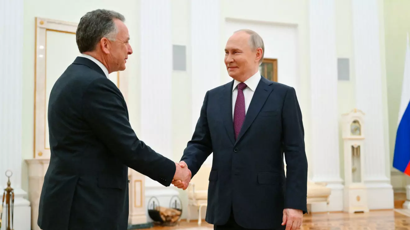Russian President Vladimir Putin welcomes U.S. President Donald Trump's envoy Steve Witkoff during a meeting in Moscow, Russia, April 25, 2025. Sputnik/Kristina Kormilitsyna