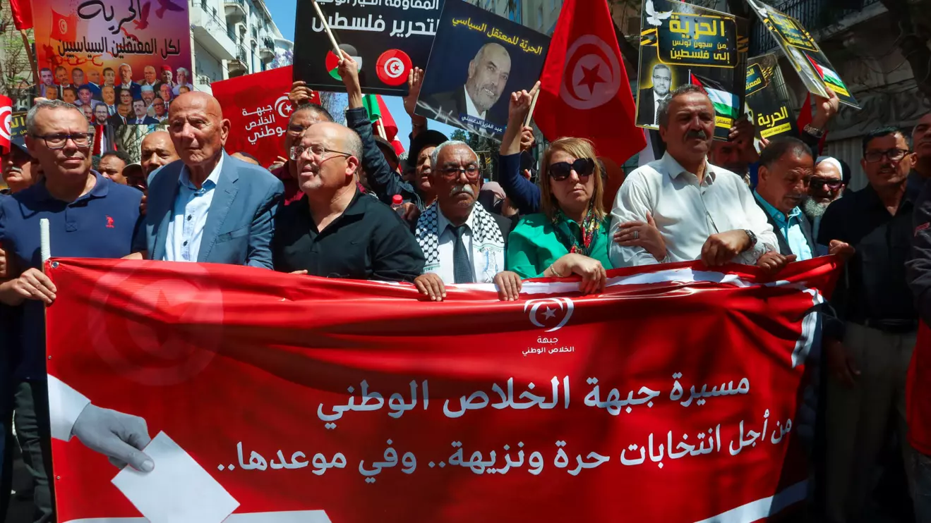 Imed Khemiri, a senior official in the Ennahda party and member of the Salvation Front (L) takes part in a protest, demanding the release of imprisoned journalists, activists, opposition figures and setting a date for fair presidential elections in Tunis, Tunisia May 12, 2024. Reuters/Jihed Abidellaoui