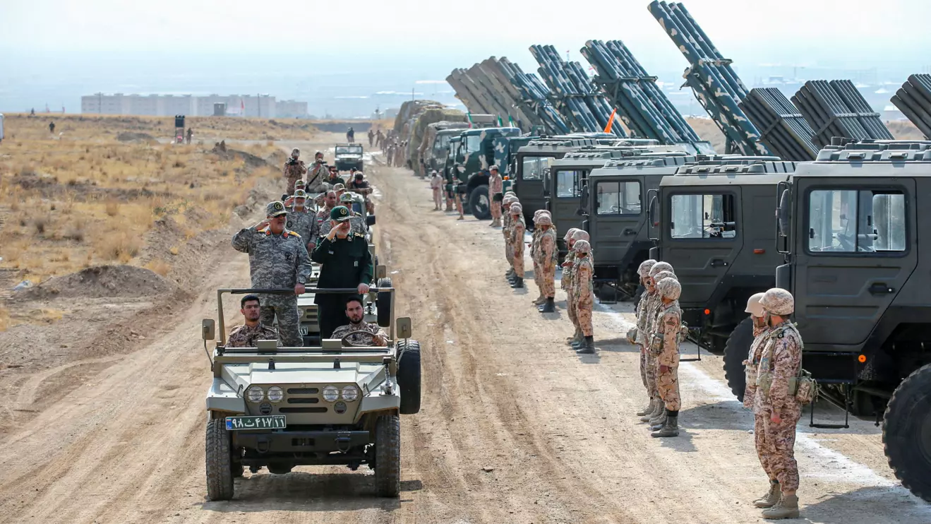 Islamic Revolutionary Guard Corps (IRGC) Commander-in-Chief Major General Hossein Salami reviews military equipment during an IRGC ground forces military drill in the Aras area, East Azerbaijan province, Iran, October 17, 2022. IRGC/WANA (West Asia News Agency)/Handout via Reuters