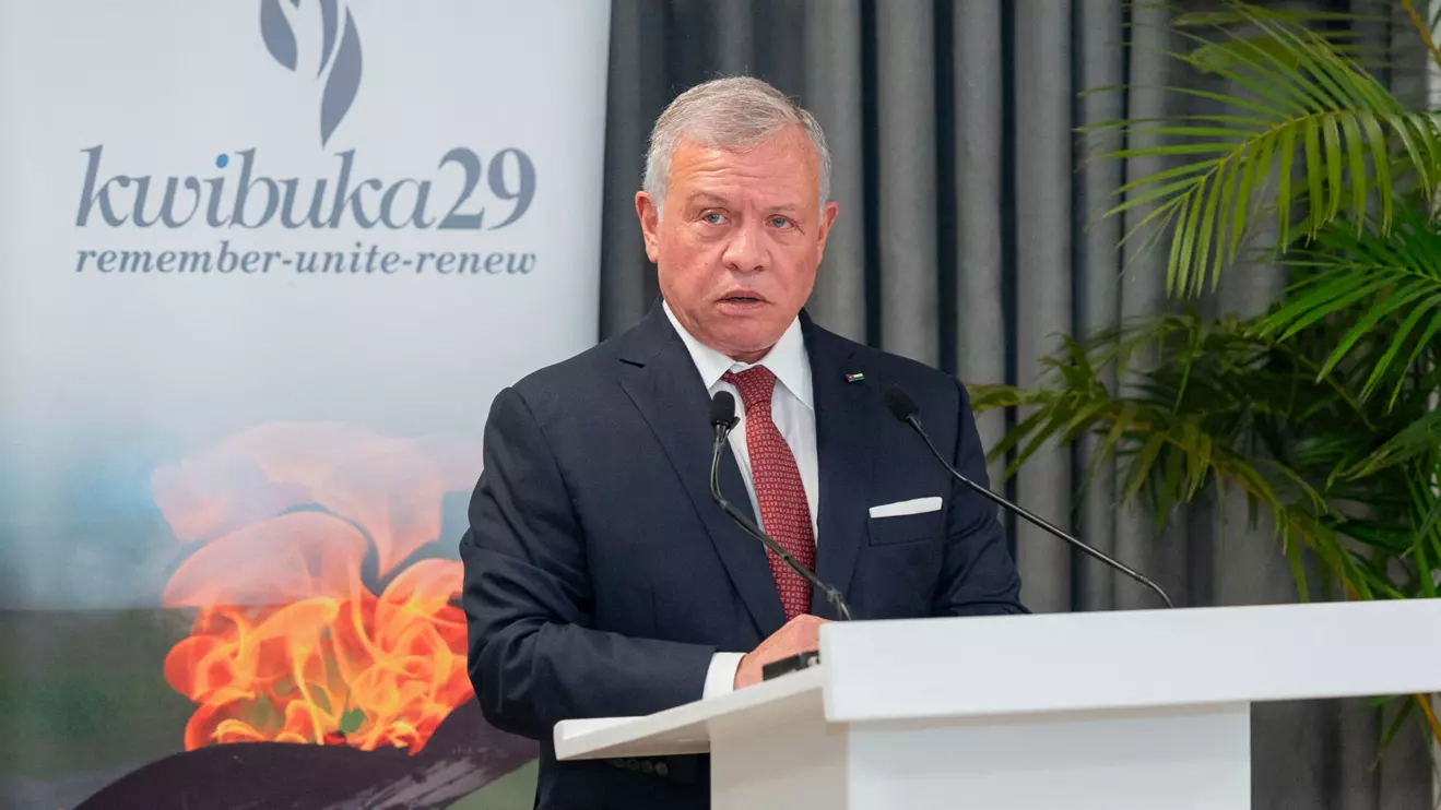 Jordan's King Abdullah II speaks during his visit to the Kigali Genocide Memorial in Kigali, Rwanda, in this handout picture released on January 8, 2024. Royal Hashemite Court/Handout via Reuters