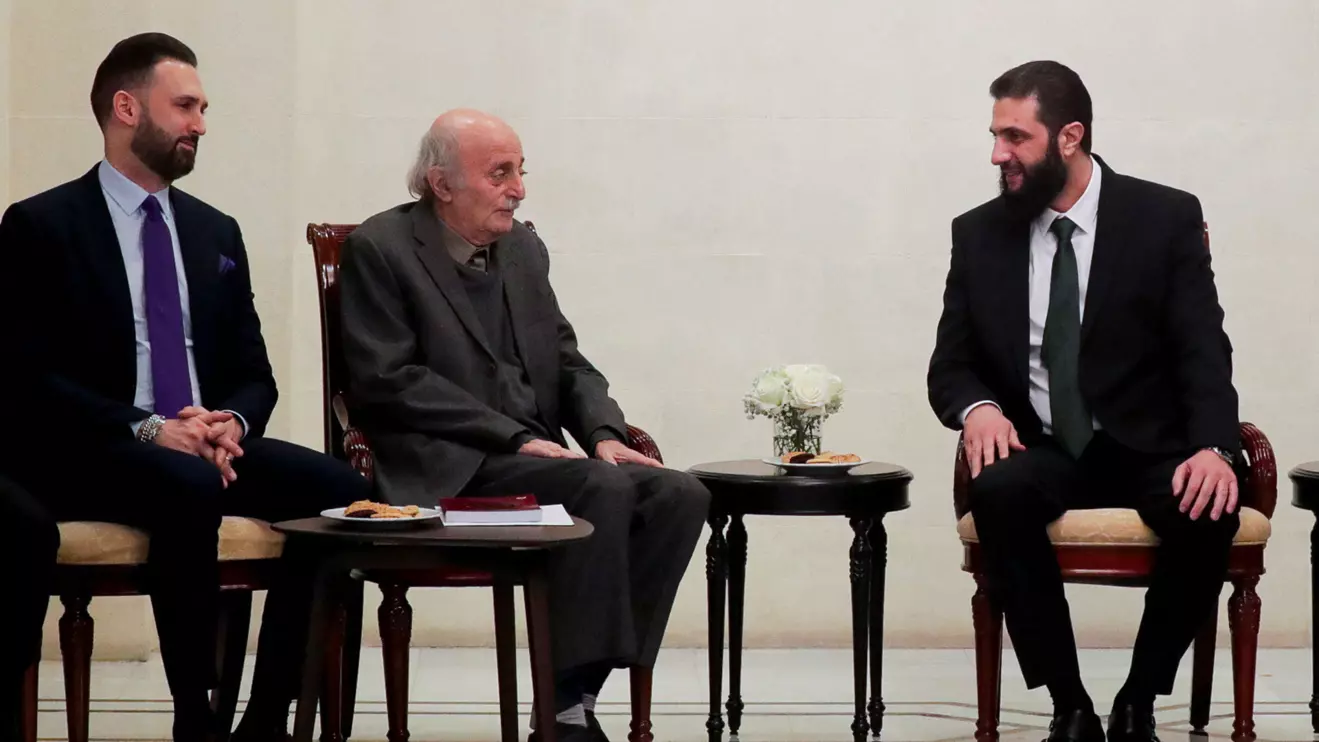 Lebanese Druze leader Walid Jumblatt and his son Taymur Jumblatt meet with Syria's de facto leader Ahmed al-Sharaa, also known as Abu Mohammed al-Golani, after the ousting of Syria's Bashar al-Assad, in Damascus, Syria, December 22, 2024. Reuters/Khalil Ashawi
