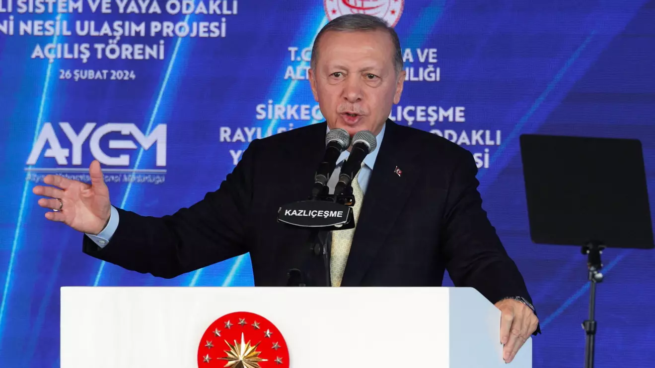 Turkish President Tayyip Erdogan speaks during an opening ceremony for a rail project in Istanbul, Turkey February 26, 2024. Reuters/Murad Sezer/File Photo