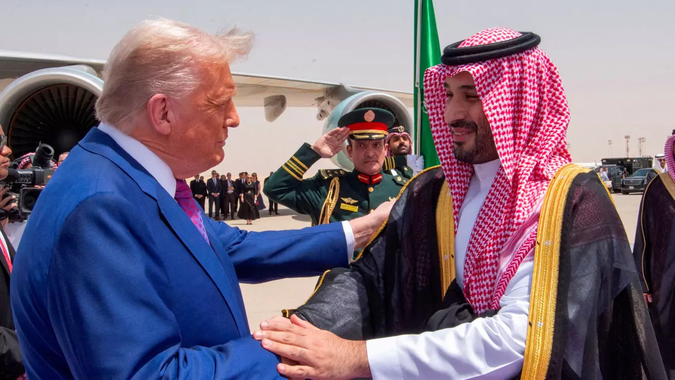 U.S. President Donald Trump shakes hands with Saudi Crown Prince Mohammed Bin Salman during a welcoming ceremony in Riyadh, Saudi Arabia, May 13, 2025. Bandar Algaloud/Courtesy of Saudi Royal Court
