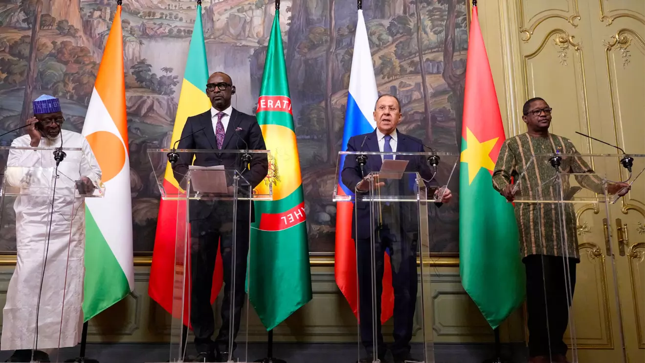 Niger Foreign Minister Bakary Yaou Sangare, Mali's Foreign Minister Abdoulaye Diop, Russian Foreign Minister Sergey Lavrov and Burkina Faso Foreign Minister Karamoko Jean Marie Traore attend a joint news conference following a meeting of Russian foreign Minister with foreign Ministers of the Confederation of Sahel States in Moscow, Russia, Thursday, April 3, 2025. Pavel Bednyakov/Pool via Reuters