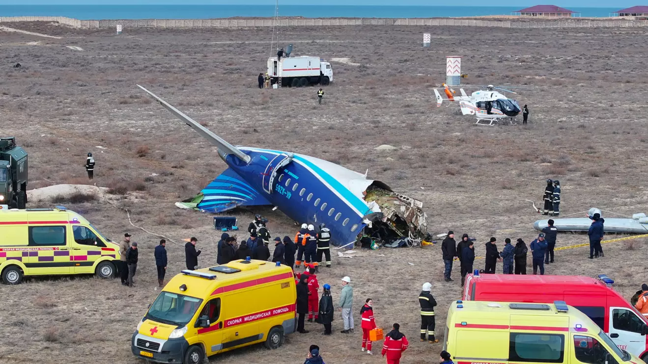 A drone view shows emergency specialists working at the crash site of an Azerbaijan Airlines passenger plane near the city of Aktau, Kazakhstan December 25, 2024. Reuters/Azamat Sarsenbayev