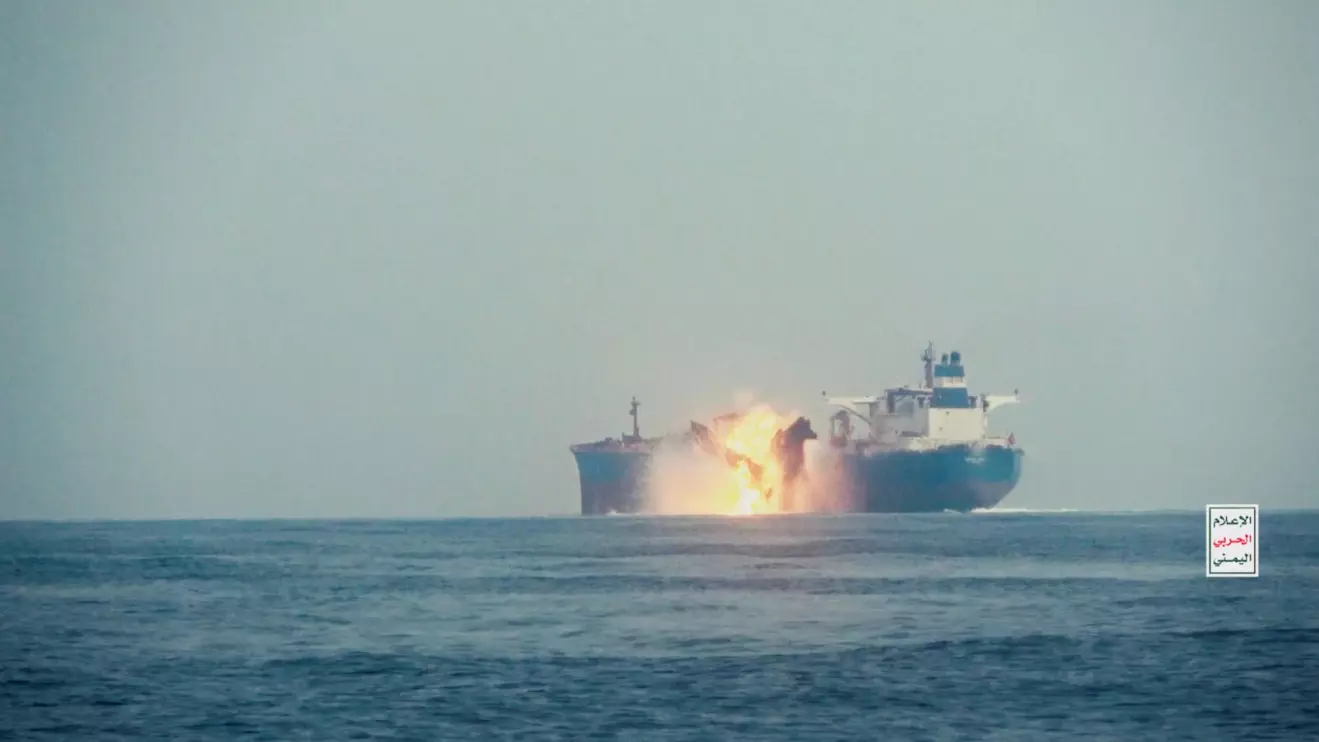 The oil tanker Cordelia Moon bursts into flames after being hit by a missile in the Red Sea off Yemen's Red Sea port of Hodeidah, in this screengrab from a video released on October 1, 2024. Houthi Military Media/Handout via Reuters