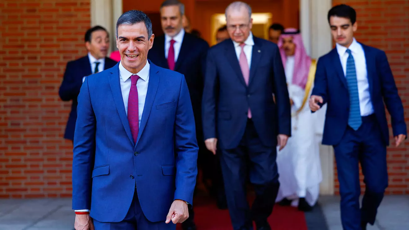 Spain's Prime Minister Pedro Sanchez walks, in front of Palestinian Prime Minister Mohammad Mustafa, Saudi Arabia's Foreign Minister Prince Faisal bin Farhan Al-Saud and Spain's Foreign Minister Jose Manuel Albares, on the day of a meeting with at Moncloa Palace in Madrid, Spain, September 13, 2024. Reuters/Susana Vera