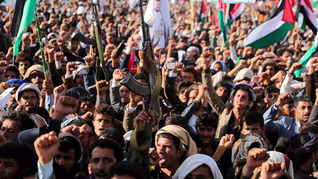 Supporters of the Houthi movement rally to denounce air strikes launched by the U.S. and Britain on Houthi targets, in Sanaa, Yemen January 12, 2024. Reuters/Khaled Abdullah