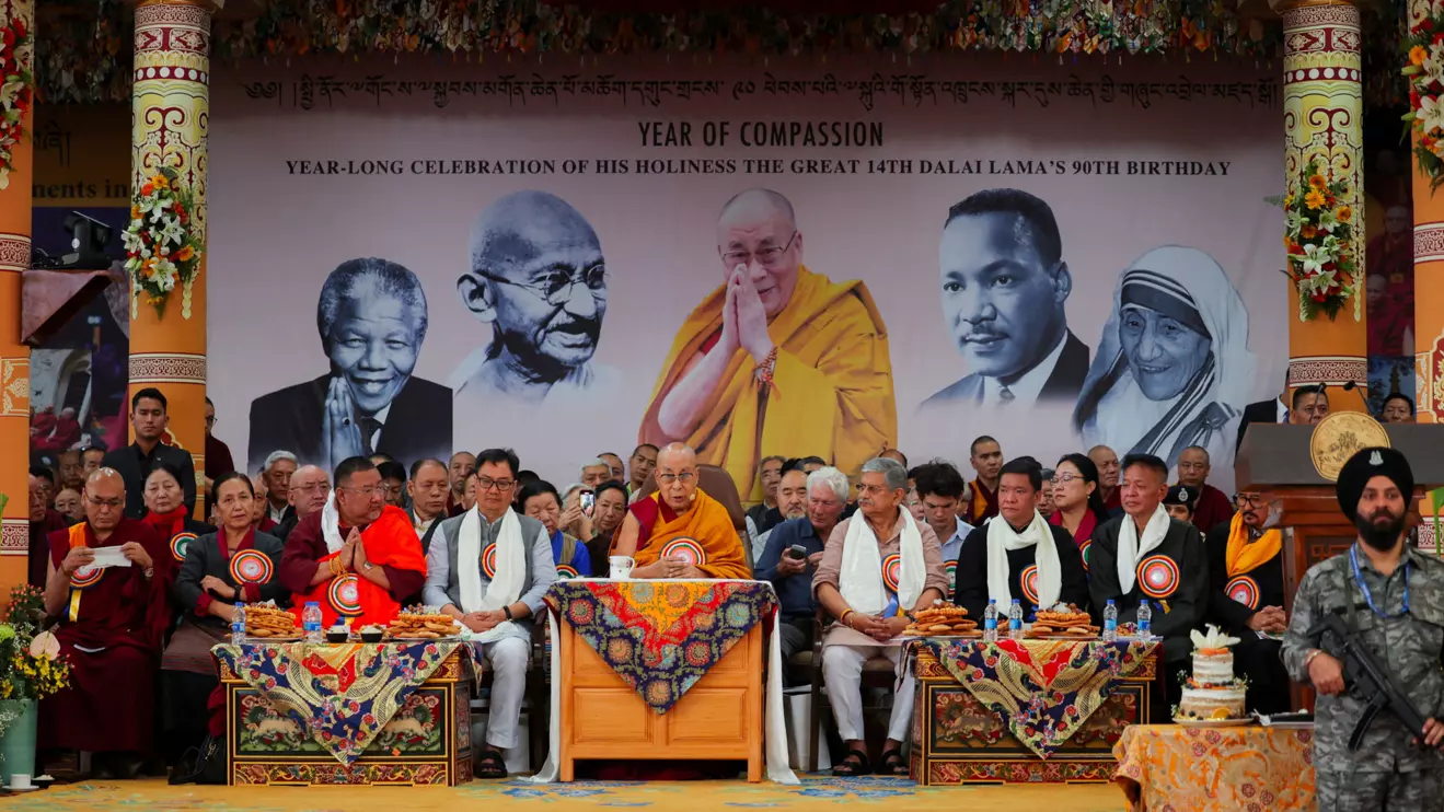 Actor Richard Gere, India's Minister of Parliamentary Affairs, Kiren Rijiju, Chief Minister of Arunachal Pradesh, Pema Khandu, and Sikyong of the Central Tibetan Administration, Penpa Tsering, sit with Tibetan spiritual leader, the 14th Dalai Lama, as he speaks during his 90th birthday celebration at the Tsuglagkhang, also known as the Dalai Lama Temple complex, in the northern town of Dharamshala, India, July 6, 2025. Reuters/Anushree Fadnavis