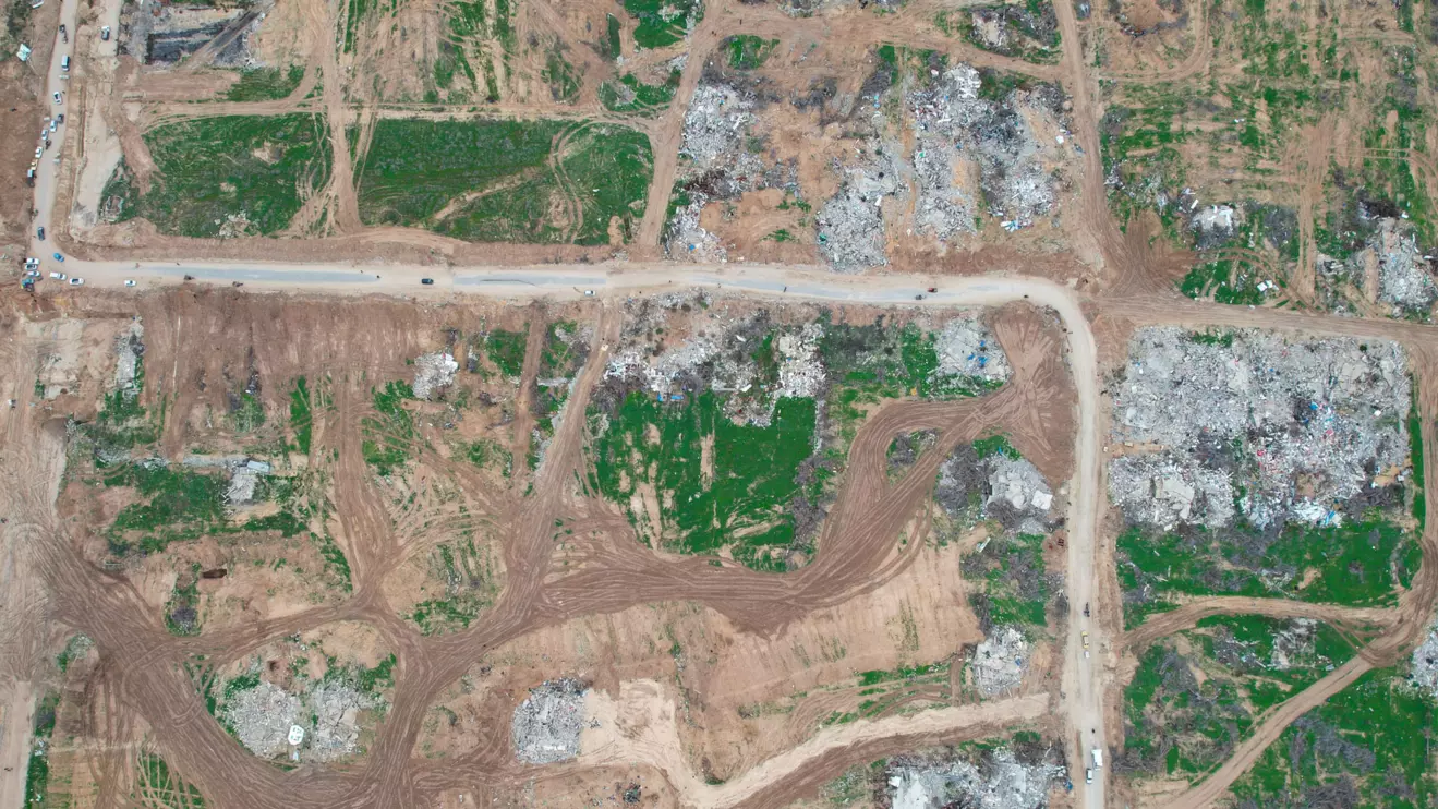 A drone view shows buildings lying in ruins after Israeli forces withdrew from the Netzarim Corridor, amid a ceasefire between Israel and Hamas, near Gaza City, February 9, 2025. Reuters 
