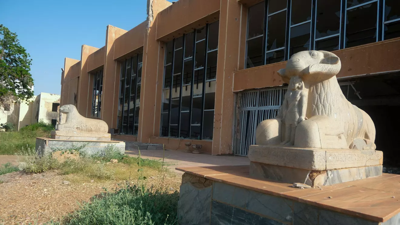 Ancient statues, showing signs of destruction, stand outside the Sudan National Museum building, which endured major damage and looting amid the ongoing conflict between the paramilitary Rapid Support Forces (RSF) and the Sudanese army in Khartoum, Sudan September 25, 2025. Reuters/El Tayeb Siddig