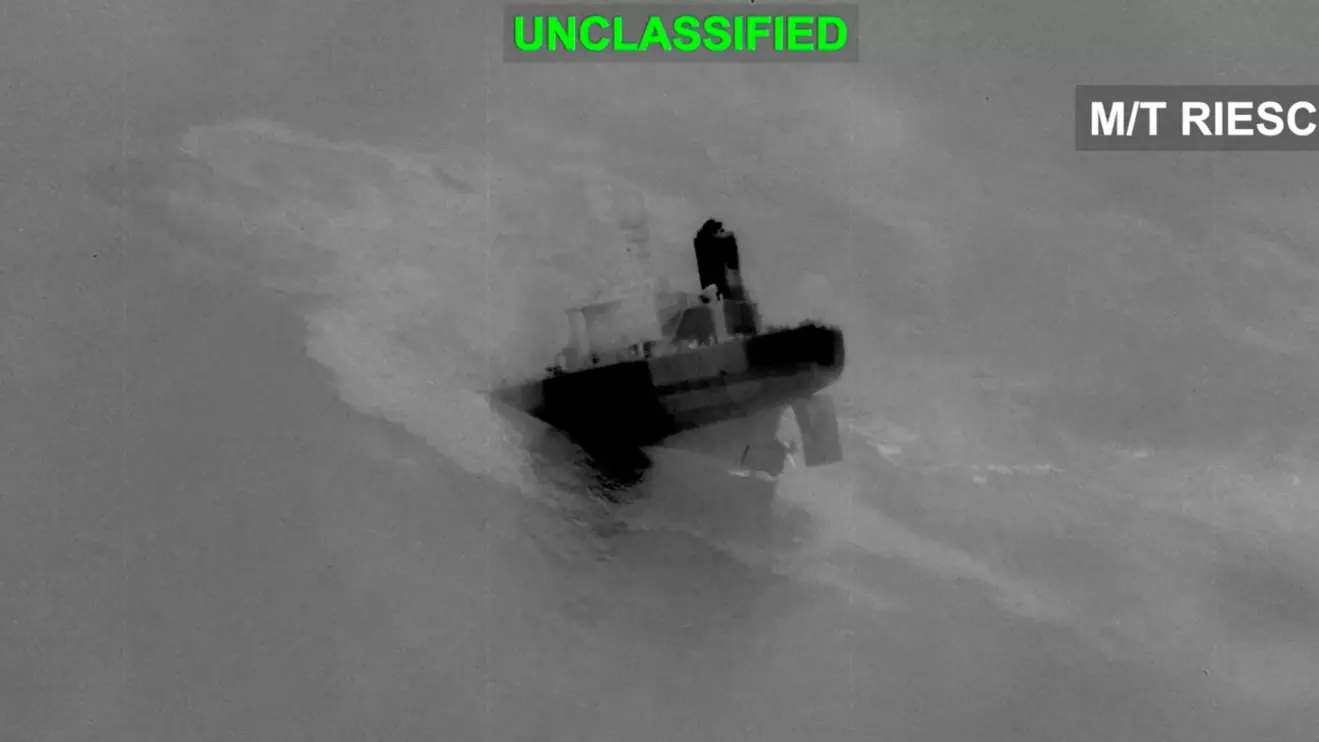 An Iranian crude oil carrier identified as M/T Riesco sinks after being struck, which U.S. Central Command says it targeted after attempted Iranian missile attacks on a U.S. Navy warship over the past two days, at a location given as the Gulf of Oman, in this still image taken from video released September 8, 2026. U.S. Central Command