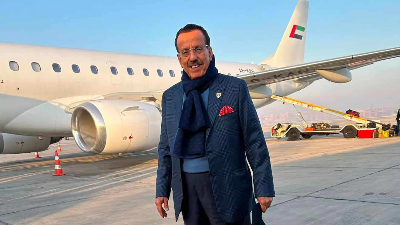 Khalaf Ahmad Al Habtoor poses in front of his private jet © X