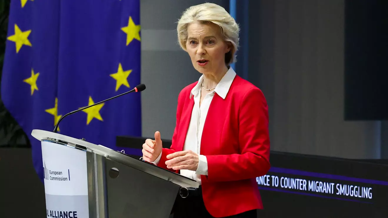European Commission President Ursula von der Leyen delivers the keynote speech at the second Conference of the Global Alliance to Counter Migrant Smuggling, in Brussels, Belgium December 10, 2025. Reuters/Yves Herman