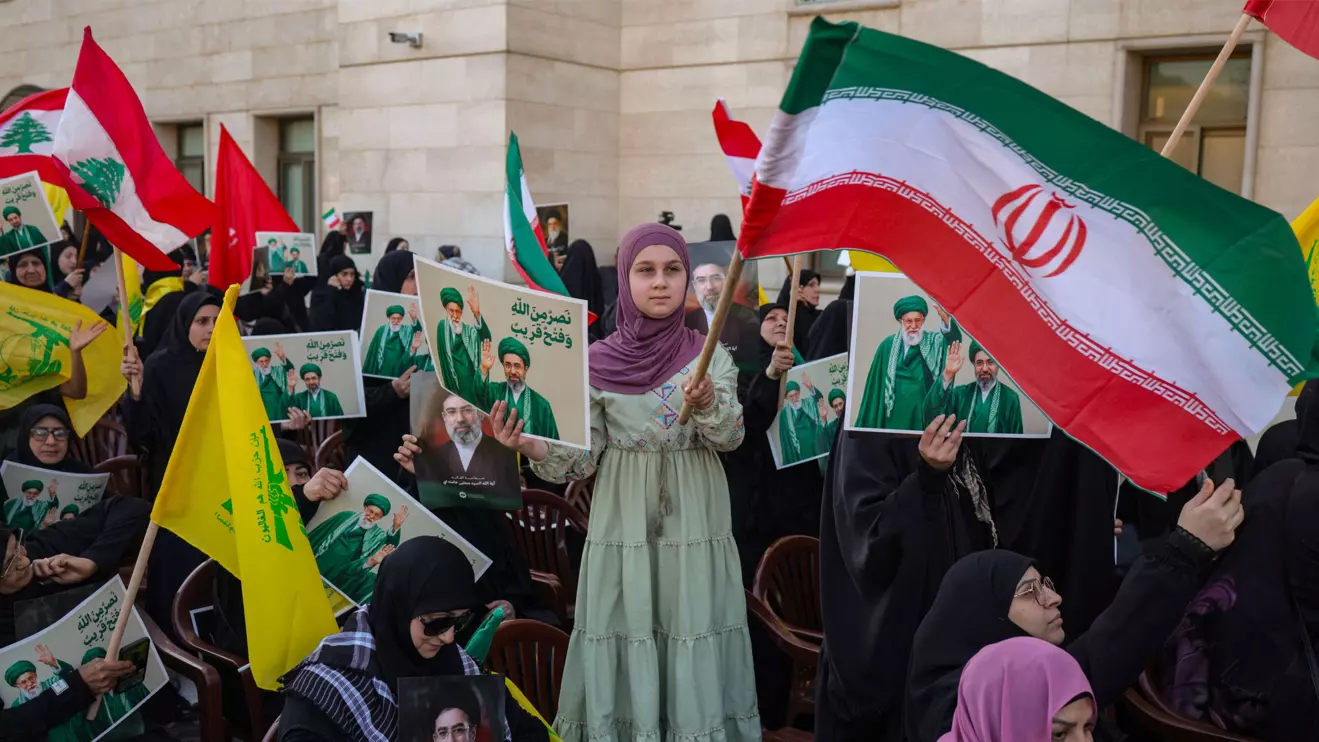 People attend a gathering to pay tribute to Iran’s late Supreme Leader Ayatollah Ali Khamenei and to show support for Iran’s new Supreme Leader Mojtaba Khamenei, inside the Iranian embassy in Beirut, Lebanon, April 22, 2026. Reuters/Marko Djurica