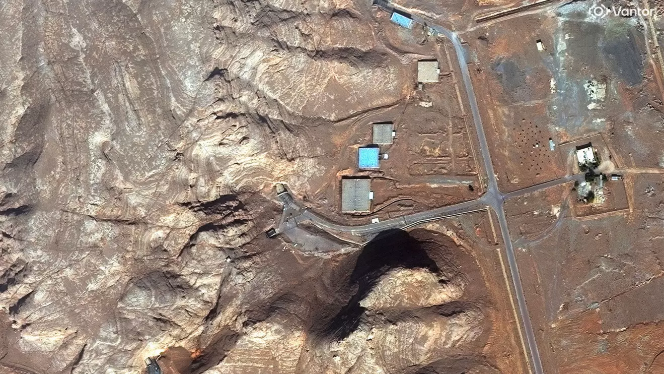 A satellite image shows un‑buried tunnel entrances at Isfahan nuclear complex, in Isfahan, Iran, November 11, 2024. Vantor/Handout via Reuters