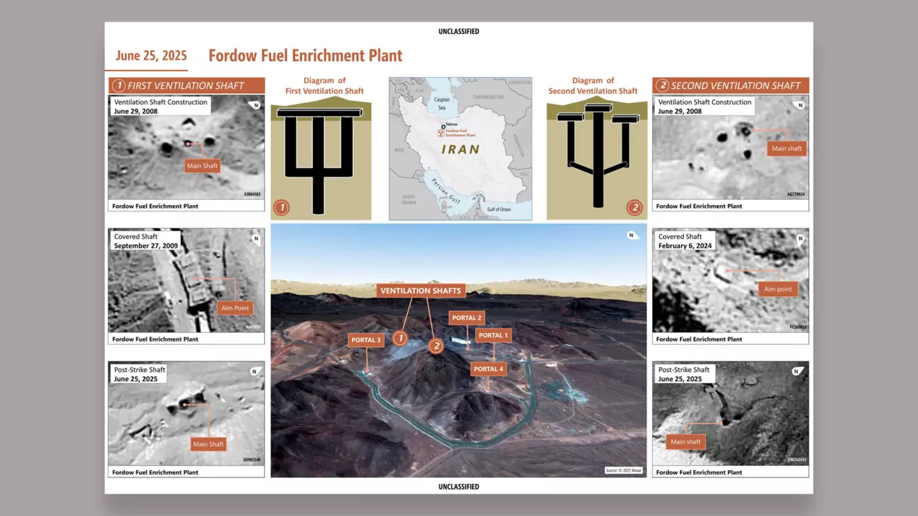 A graphic showing Iran's Fordow Fuel Enrichment Plant is seen in this phtograph released by the Pentagon in Washington, D.C., U.S., June 26, 2025. U.S. Department of Defense/Handout via Reuters