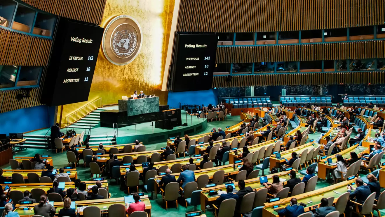 Members of the United Nations General Assembly vote on the Question of Palestine and the Implementation of the Two-State Solution, at U.N. headquarters in New York City, U.S., September 12, 2025. Reuters/Eduardo Munoz