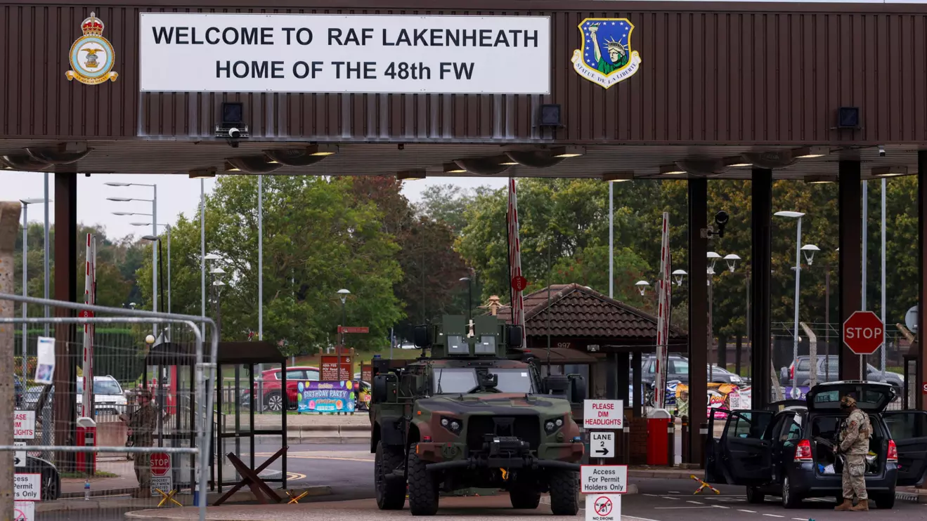 Light armored vehicle at the entrance of RAF Lakenheath, which hosts US Air Force (USAF) personnel and units, in Lakenheath, Suffolk, Britain, September 27, 2026. The base is operating under heightened security measures after police declared a major incident at RAF Fairford, where several men were arrested on suspicion of offences under the Explosives Act. Reuters/Chris Radburn