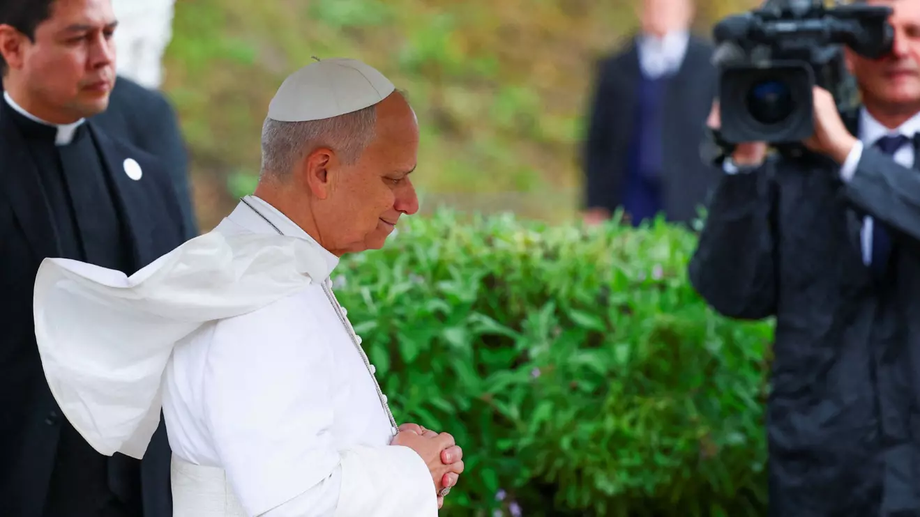 Pope Leo XIV prays during his visit to the archaeological site of Hippo Regius in Annaba, Algeria, April 14, 2026. Reuters/Guglielmo Mangiapane