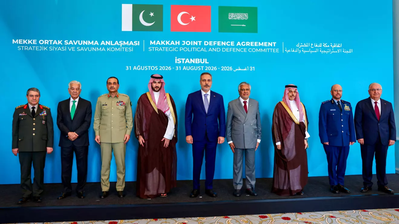 Turkey's Foreign Minister Hakan Fidan, Pakistan's Deputy Prime Minister and Foreign Minister Mohammad Ishaq Dar, Saudi Arabia's Foreign Minister Prince Faisal bin Farhan Al Saud, Turkey's Defence Minister Yasar Guler, Turkish Chief of General Staff General Selcuk Bayraktaroglu, Pakistan's Chief of Defence Forces and Chief of Army Staff Field Marshal Asim Munir, Pakistan's Defence Minister Khawaja Muhammad Asif, Saudi Arabia's Defence Minister Prince Khalid bin Salman, and Saudi Arabia's Chief of General Staff General Fayyadh bin Hamed Al-Ruwaili pose before the first committee meeting under the joint defence accord, the "Mecca Joint Defence Agreement", in Istanbul, Turkey, August 31, 2026. Reuters/Murad Sezer