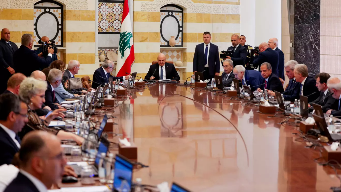 Lebanese President Joseph Aoun, Lebanese Prime Minister Nawaf Salam and members of the Lebanese cabinet meet to discuss efforts to bring all weapons in the country under the control of the state, at the Presidential Palace in Baabda, Lebanon August 5, 2025. Reuters/Emilie Madi