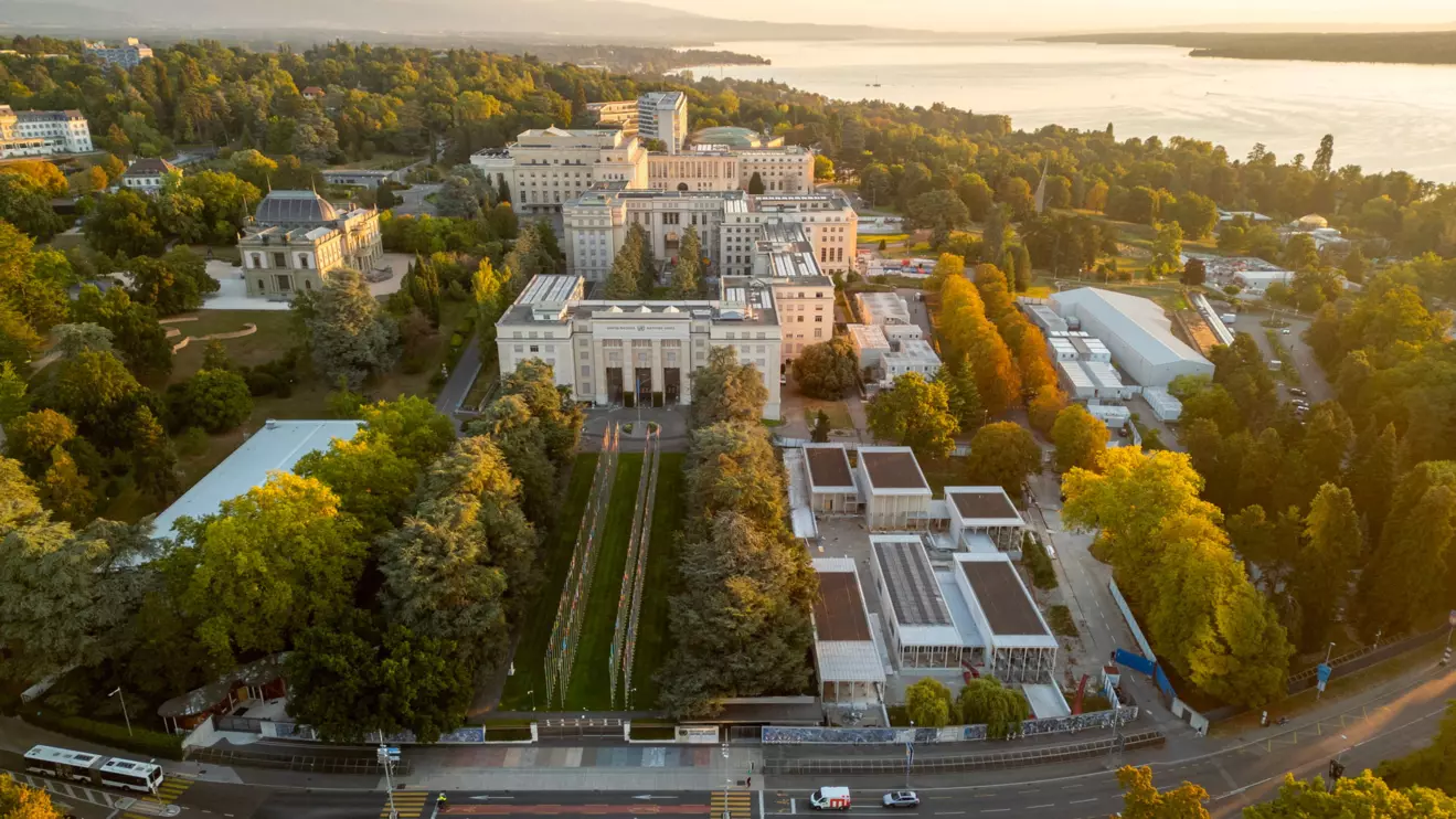A drone view shows the United Nations European headquarters, the Place des Nations with the Broken chair and Lake Leman in Geneva, Switzerland, Reuters/Denis Balibouse