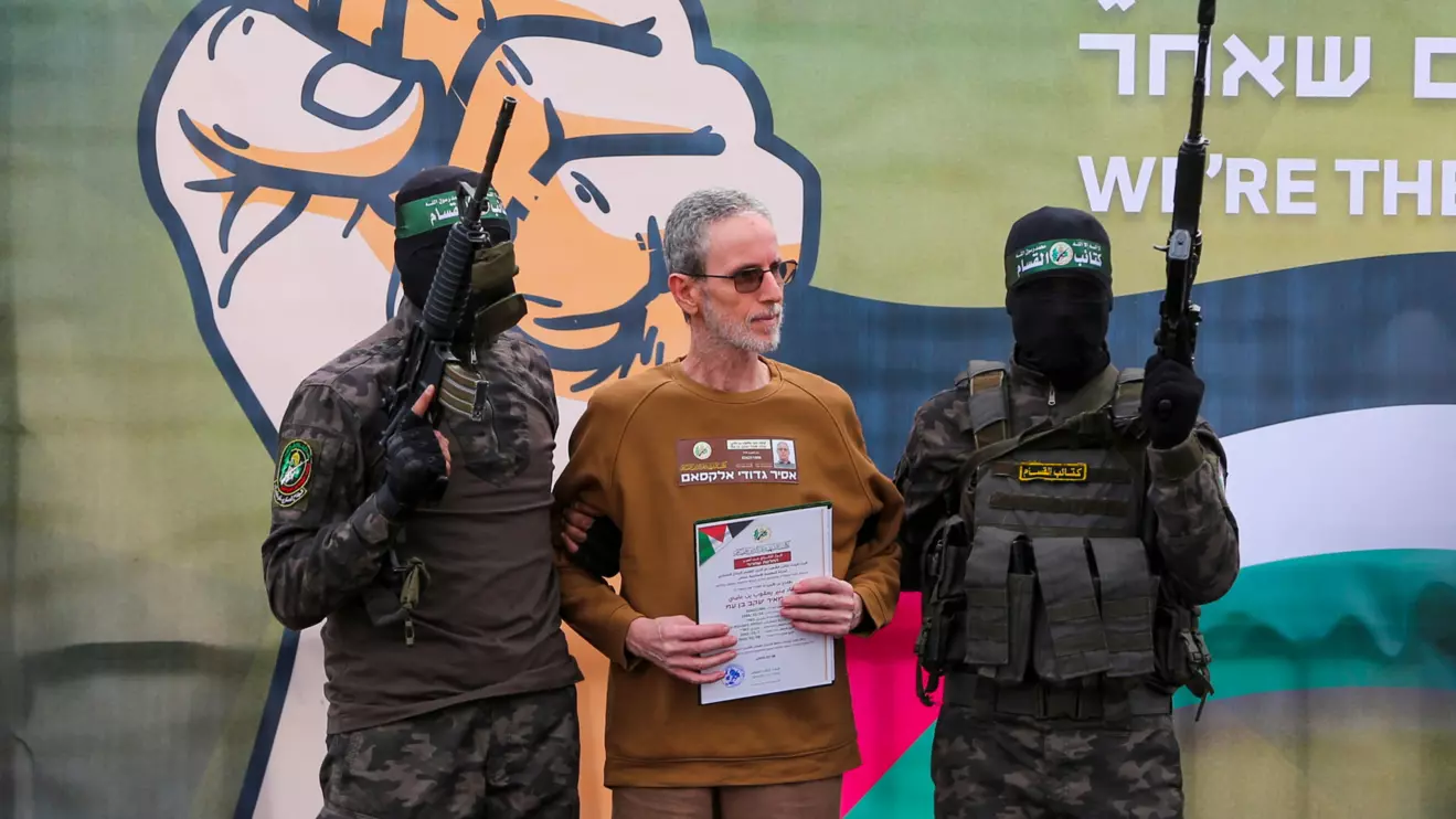 Ohad Ben Ami, a hostage held in Gaza since the deadly October 7, 2023 attack, is released by Hamas militants as part of a ceasefire and a hostages-prisoners swap deal between Hamas and Israel in Deir Al-Balah in the central Gaza Strip, February 8, 2025. Reuters/Hatem Khaled