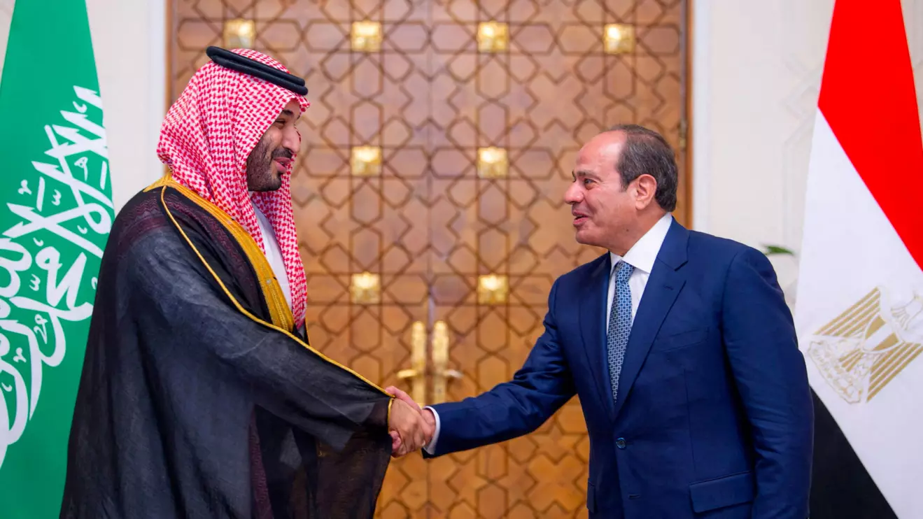 Egyptian President Abdel Fattah al-Sisi meets Saudi Crown Prince Mohammed bin Salman in Cairo, Egypt, September 15, 2026. Bandar Algaloud/Courtesy of Saudi Royal Court