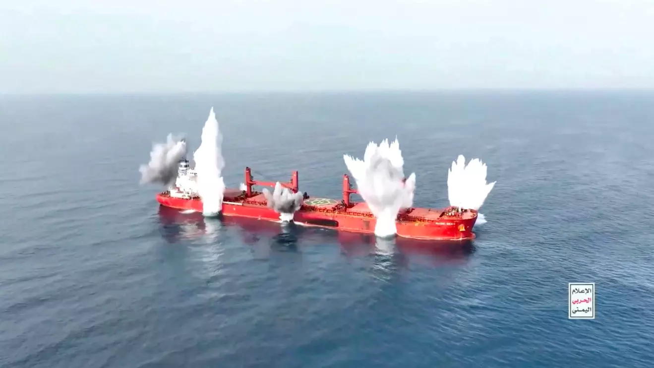 Plumes of smoke rise from what is said to be Liberia-flagged, Greek-operated bulk carrier, the MV Magic Seas that was, according to Yemen's Houthis, attacked following an alleged exchange with the captain, off southwest Yemen, in this screen grab taken from a handout video released on July 8, 2025, Reuters