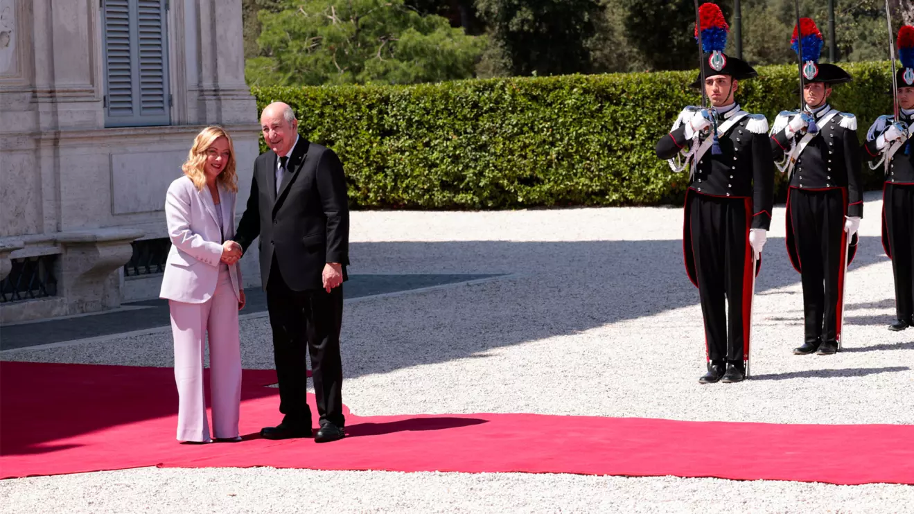 Italian Prime Minister Giorgia Meloni shakes hands with Algerian President Abdelmadjid Tebboune during the Italy-Algeria summit at Villa Doria Pamphilj in Rome, Italy, July 23, 2025. Reuters/Remo Casilli