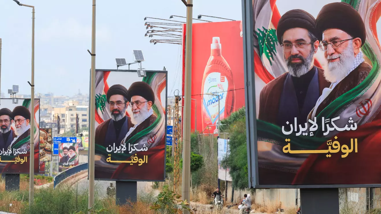 Billboards showing Iran’s new Supreme Leader Ayatollah Mojtaba Khamenei and his late father Ali Khamenei, with the slogan “Thank you to loyal Iran,” stand along the highway leading to Rafic Hariri International Airport in Beirut, Lebanon June 22, 2026.Reuters/Mohamed Azakir