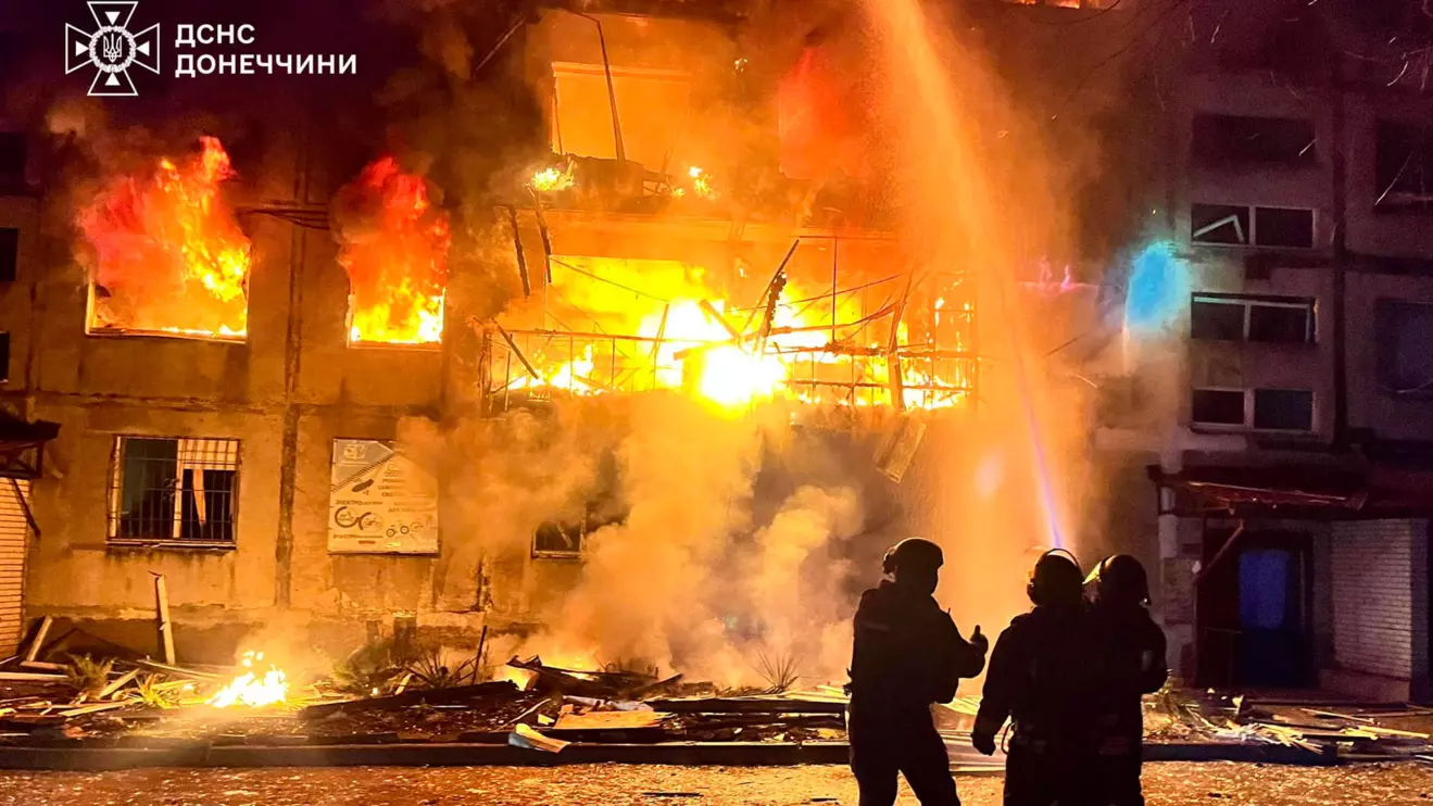 Firefighters work at the site of a residential area hit by a Russian military strike, amid Russia's attack on Ukraine, in the town of Dobropillia, Donetsk region, Ukraine March 8, 2025. Press service of the State Emergency Service of Ukraine in Donetsk region