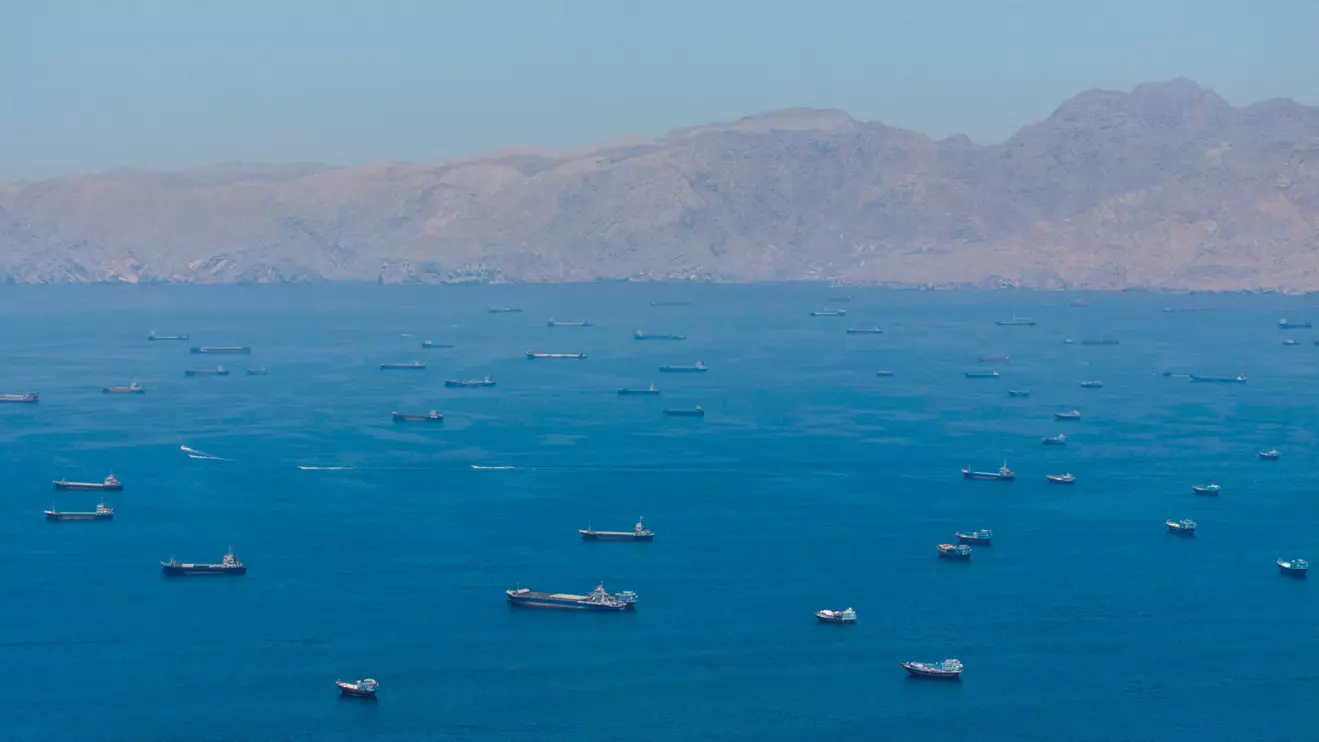 A drone view shows vessels anchored at the Strait of Hormuz, as seen from Musandam, Oman, May 25, 2026, Reuters 