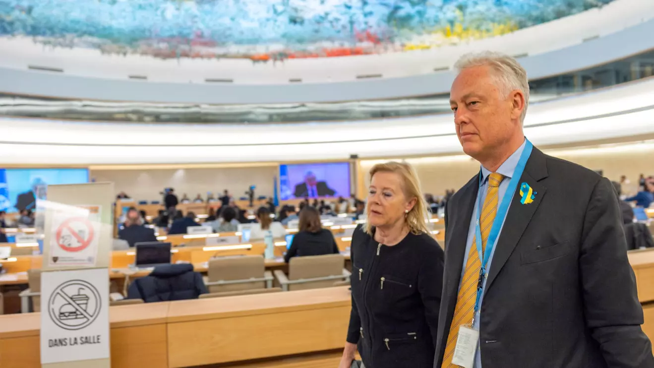 Britain's ambassador to the U.N. Simon Manley walks out with other delegates during the speech of Sergey Vershinin, Deputy Minister of Foreign Affairs of Russia at the Human Rights Council at the United Nations in Geneva, Switzerland, February 26, 2025. Reuters/Denis Balibouse