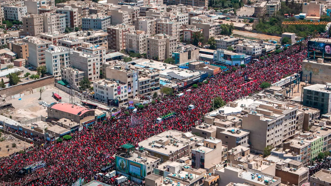 People attend a funeral procession for Iran's late Supreme Leader Ayatollah Ali Khamenei, who was killed on February 28 in Israeli and U.S. airstrikes, in Tehran, Iran July 6, 2026. Office of the Iranian Supreme Leader/ Handout via Reuters